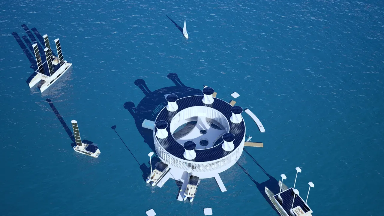 Aerial view of a Sea Ring resort with hydrogen yachts docked